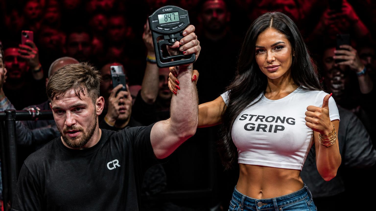 Hostess raising a competitor's wrist with the dynamometer display facing the camera while giving a thumbs up
